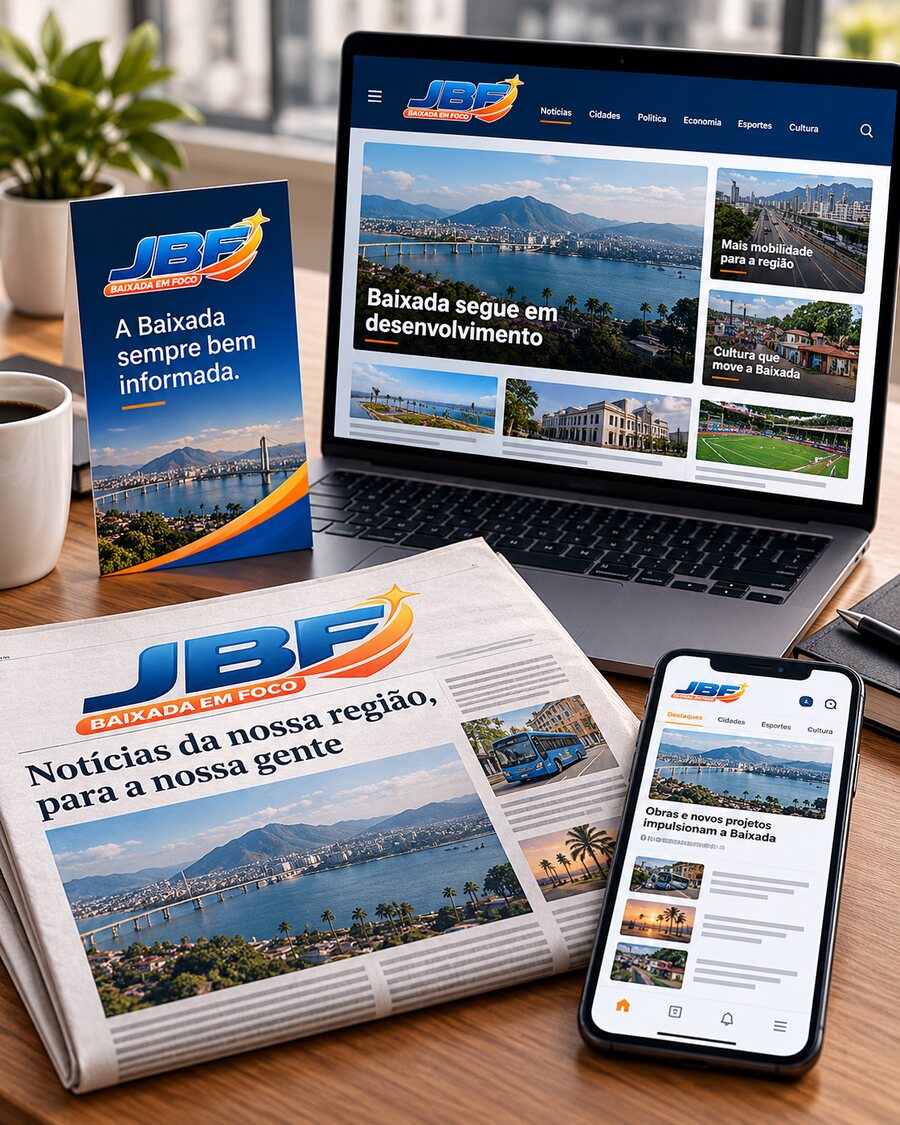 Jornal impresso, celular e notebook apresentando os canais do Jornal Baixada em Foco